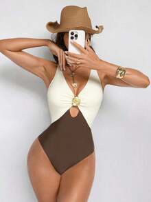 Shapewave 1 pieza Traje de baño de una sola pieza con control de abdomen, cintura con hebilla de metal y espalda descubierta, en color beige y marrón, adecuado para la playa y el resort - Marrón - Ver 7