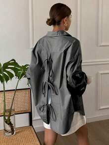Blusa suelta de manga larga con cuello vuelto, abertura en la espalda y lazo, unicolor, ropa de otoño para mujer - Gris - Ver 9