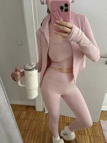 Conjunto deportivo de 3 piezas para mujer: Cárdigan de punto con cremallera + Camiseta + Pantalones en color negro - Rosa vieja - Ver 1