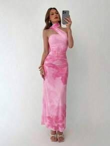 Vestido de mujer elegante y sexy con estampado floral de malla - Rosa - Ver 6