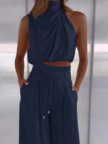 Conjunto de dos piezas para mujer con top de cuello apilado elegante color albaricoque y pantalones de pierna ancha, ropa de maestra, pantalones ligeros y cómodos, conjunto de dos piezas con top sin mangas asimétrico, adecuado para primavera, verano y otoño, conjunto de dos piezas con pantalones holgados, conjunto de dos piezas de diseñador, atuendo para mujeres para conciertos, vestido de noche elegante, adecuado para uso diario, fiestas, temporada de graduación, temporada de bodas, disfraces para actuaciones - Azul marino - Ver 2