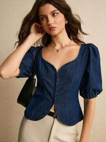 Blusa de mezclilla casual con cuello de corazón y mangas abullonadas para mujer - Azul lavado oscuro 2 - Ver 4