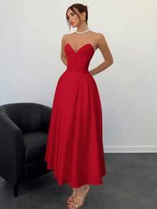 Vestido elegante y sexy para fiesta con escote profundo en V, vestido tubo rojo con fruncido en el bajo, color marfil.Nuevo para otoño/invierno. - Rojo - Ver 3