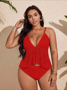 Swim Lushoire Conjunto de tankini de traje de baño de unicolor con diseño calado para mujer de talla grande - Rojo - Ver 3