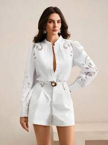 Camisa blanca de manga larga holgada con bordado calado, para salir, primavera - Blanco - Ver 7