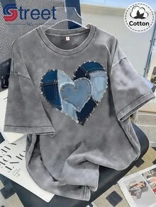 New Summer Vintage Washed Distressed Short-Sleeve T-Shirt With American Denim Patchwork Heart Print, Plus-Size Women'S Top With A Loose Drop Shoulder And Round Neck. Oversized Style, Comfortable And Stylish Ideal For Daily Wear, Shopping, School And Casual Friend Gatherings. - Grey - View 7