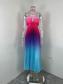 Vestido largo degradado primavera cuello halter calado elegante y sensual para mujer - Azul - Ver 5