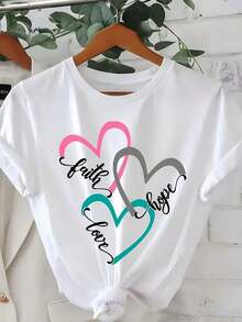 1 Women's White T-Shirt With Heart Print, Round Neck, Casual Cotton Knit Fabric, Medium Elasticity, Regular Fit, Suitable For Women To Wear In Spring/Summer/Autumn. - 白色 - 查看 6