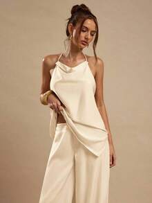 Pantalones palazzo de satén para mujer, elegantes pantalones holgados de color amarillo jengibre, adecuados para salidas, brunch, verano, bodas, luna de miel, vacaciones en la playa - Albaricoque - Ver 7