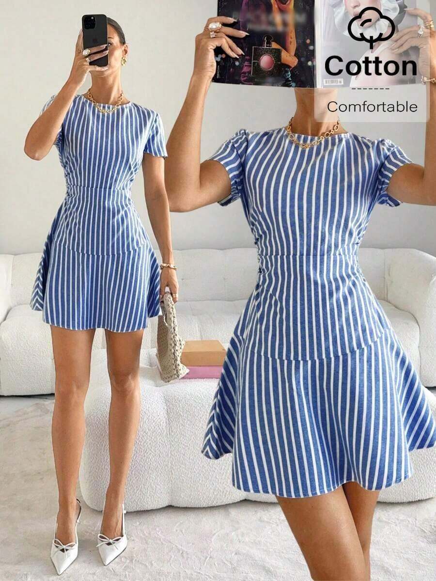 Vestido corto casual de mujer con cuello redondo, mangas cortas, cintura ceñida, a rayas, vestidos casuales de algodón para mujer, vestidos de verano a rayas para mujer, vestidos de verano para mujer, conjuntos de verano para mujer - azul real - Ver 1
