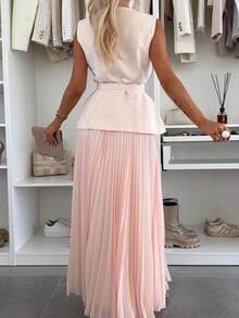 Elegant Two-Piece Set Sleeveless Pleated Tulle European Fashion Spring Summer - 玫紅色 - 查看 6