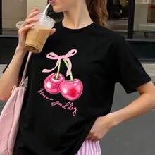 Blusa oversize mujer estampado cerezas rosadas - manga corta verano - algodón ligero cómoda outfits casual vacaciones - Negro - Ver 4