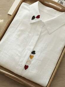 Women's Elegant Casual Turn-Down Collar Solid Color Long Sleeve Shirt With Colorful Embroidery Design, Versatile For , And Artistic Style White - White - View 8
