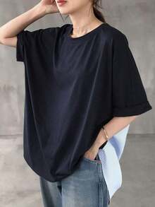 Camiseta minimalista de mujer con bloqueo de color y botones en la espalda, para uso casual diario, ropa de otoño - Azul - Ver 2