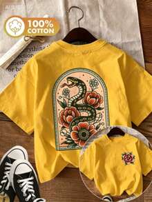 [Double-Sided Print]Summer Casual Women's Top, Vintage Style, Snake And Floral Print, Round Neck, Pure Cotton Short-Sleeve Cotton Womens Vintage Snake - 黃色 - 查看 12