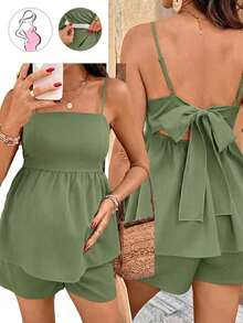 Conjunto informal de 2 piezas de camiseta sin espalda y pantalones cortos con cintura ajustable para embarazadas - Verde - Ver 4
