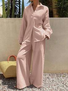 Conjunto informal de mujer con camisa plisada de unicolor y pantalones de pierna ancha - Rosa vieja - Ver 4