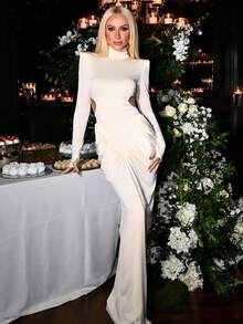 Vestido largo liso cuello alto verano 2025, ajustado elegante con espalda descubierta estilo moda - Albaricoque - Ver 8
