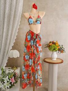 Swim  Set de 3 piezas de ropa de baño de verano para mujer, top halter con estampado floral rosa, Bottom de bikini y falda maxi, conjunto de traje de baño y falda de playa sexy, vestido de cumpleaños, vestido de verano de tres piezas con cobertura, vestido de primavera para mujer, vestido elegante de fiesta para mujer, vestido casual para mujer, conjunto de bikini con estampado de plantas y espalda anudada, traje de baño de tirantes finos para mujer - Multicolor 2 - Ver 4
