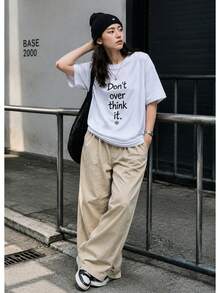 Envío local:Playera Blanca para Mujer con Frase "Don't over think it.", Camiseta Básica Manga Corta Cuello Redondo Cómoda para Verano, Estilo Casual Chic - Blanco - Ver 2