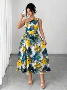 Vestido elegante de mujer de talla grande con estampado floral azul y blanco, elegante y chic para fiestas, graduaciones, vacaciones, festivales, citas, bodas y salidas - Blanco - Ver 4
