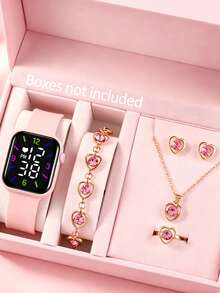 Set de 6 piezas, Reloj LED digital lindo con pulsera, collar, aretes y anillo con cristal con forma de corazón, exquisito y versátil, ideal para viajes, vacaciones y regalos festivos - Rosa - Ver 6