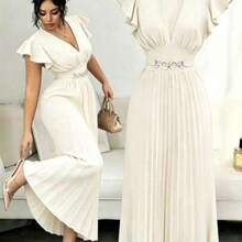 Elenzya New V-Neck Ruffle Sleeve Woven Solid Color Metal Decor Button Pleated Design Elegant Young Party Holiday Dinner Cocktail Maxi Dress For Women - Albaricoque - Ver 1