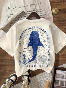 Christian Whale Shark Graphic T-Shirt, Bible Verse T-Shirt, Ocean Faith, Women's Casual Short Sleeve Crew Neck T-Shirt, Summer Vacation Beach Outfit - 淺杏色 - 查看 3