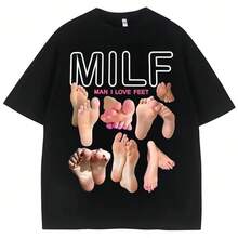 Camiseta Casual de Manga Corta con Cuello Redondo Suave, Estampado Divertido "MILF Man I Love Feet",  Streetwear - Negro - Ver 4