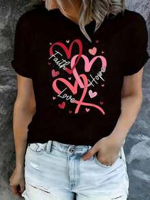Black T-Shirt With Heart Print And The Words "Love Hope" For Valentine's Day, Unisex, Round Neck, Lightweight, Soft Knit Fabric, Machine Washable, For Spring/Summer/Autumn, Valentine's Day/Christmas/Mother's Day, Ideal For Summer. - 黑色 - 查看 7