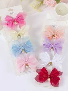 8pcs Candy Color Sweet Double-Layer Tulle Bow Hair Clips With Rhinestone & Pearl Pendant, Cute Girl Princess Hair Accessories For Daily Wear And Party - Multicolor - View 8