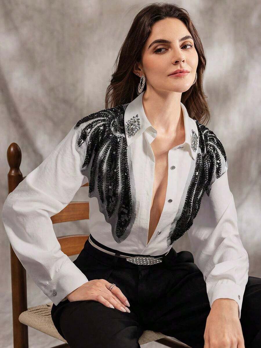 Blusa blanca de manga larga con estilo francés elegante y brillante de Aliao, digna y apropiada, adecuada para mujeres en primavera, festivales, vacaciones, conciertos y otras ocasiones, color negro - Multicolor - Ver 1