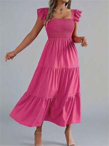 Nuevo vestido midi de unicolor con cuello cuadrado, casual, con espalda descubierta, volantes y sin mangas, color caqui, elegante para primavera/verano - Rosa Fucsia - Ver 5