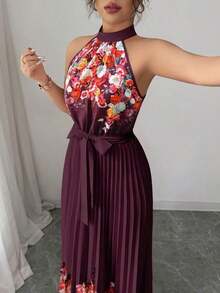 Vestido holgado de verano elegante con estampado floral y cuello halter para mujer - Rojo violeta - Ver 3