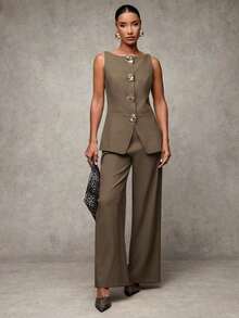 Traje de pantalón sin mangas negro para mujer con detalles de botones dorados con rosas, casual de negocios para otoño/invierno - Marrón - Ver 7