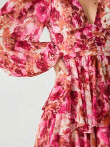 Vestido de verano elegante para mujer con mangas de linterna y estampado floral en todo el vestido - Rosa Fucsia - Ver 4