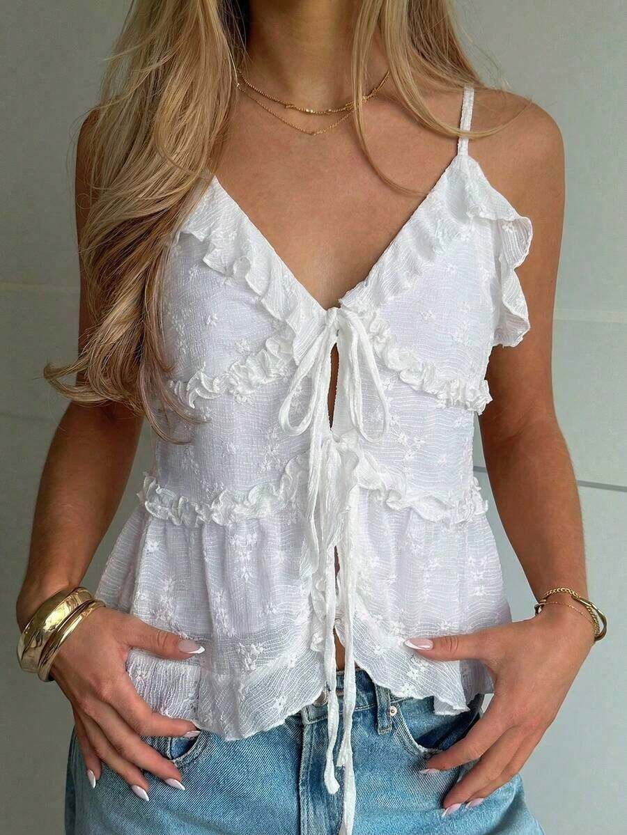 Camiseta casual y versátil con volantes y lazo delantero, ideal para citas y fiestas - Blanco - Ver 1