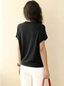 Camiseta holgada de manga corta para mujer, top de punto sin mangas distintivo, capa base de unicolor para el verano - Negro - Ver 2