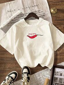 Y2K Mexican Hot Chili Graphic Short Sleeve T-Shirt, Women's Casual Summer Beachwear, Vacation Wear, New Release - 杏色 - 查看 5