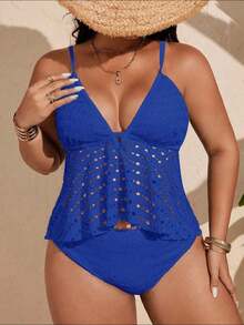 Swim Lushoire Conjunto de tankini de traje de baño de unicolor con diseño calado para mujer de talla grande - Azul - Ver 5