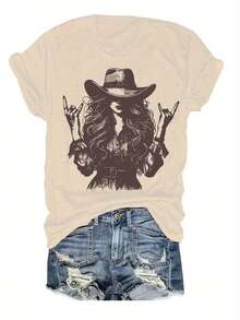 Women's Cotton T-Shirts With Round Neck, Casual, Vintage, Rock, Western, Cowboy Style, With Girl Silhouette Print, Short Sleeve, Fashionable, Fitted Summer Style, Economical And Affordable Women's T-Shirt, Simple T-Shirt For Everyday Use. - 杏色 - 查看 1