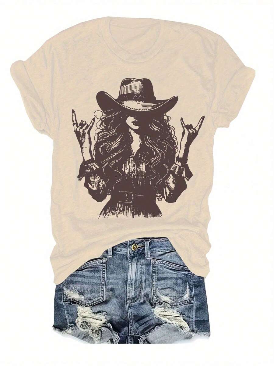 Women's Cotton T-Shirts With Round Neck, Casual, Vintage, Rock, Western, Cowboy Style, With Girl Silhouette Print, Short Sleeve, Fashionable, Fitted Summer Style, Economical And Affordable Women's T-Shirt, Simple T-Shirt For Everyday Use. - 杏色 - 查看 1