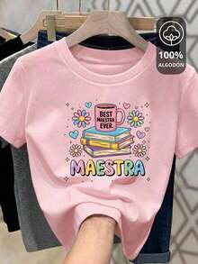 Korean Women's T-Shirt, 100% Cotton, Round Neck, Short Sleeve, Excellent Quality, With Teacher's Day Print, May 15th, Phrase "Best Teacher Ever", Gifts, Teacher Graphic Tee - 白色 - 查看 6
