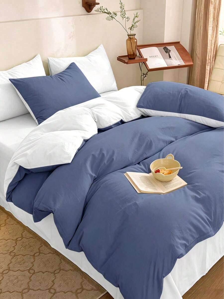 New Solid Color Patchwork Nordic Style Simple Polyester Duvet Cover 3 Pieces Set - Dusty Blue - View 1