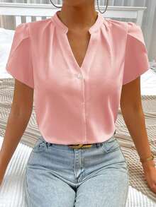Blusa de trabajo con cuello en pico y mangas de pétalo de color blanco para mujer, blusas de manga corta - Rosa - Ver 7