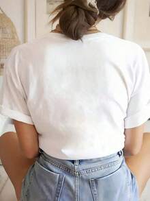 Plus Size - Plus Size - Women's Casual Short Sleeve T-Shirt With Hen And Flowers Graphic Print, With A 'Dilly Dallying' Slogan, Made Of Lightweight And Stretchy Fabric, Suitable For Casual Wear In Spring And Summer (Machine Washable), Cotton T-Shirt For Summer And Holidays. - 白色 - 查看 2