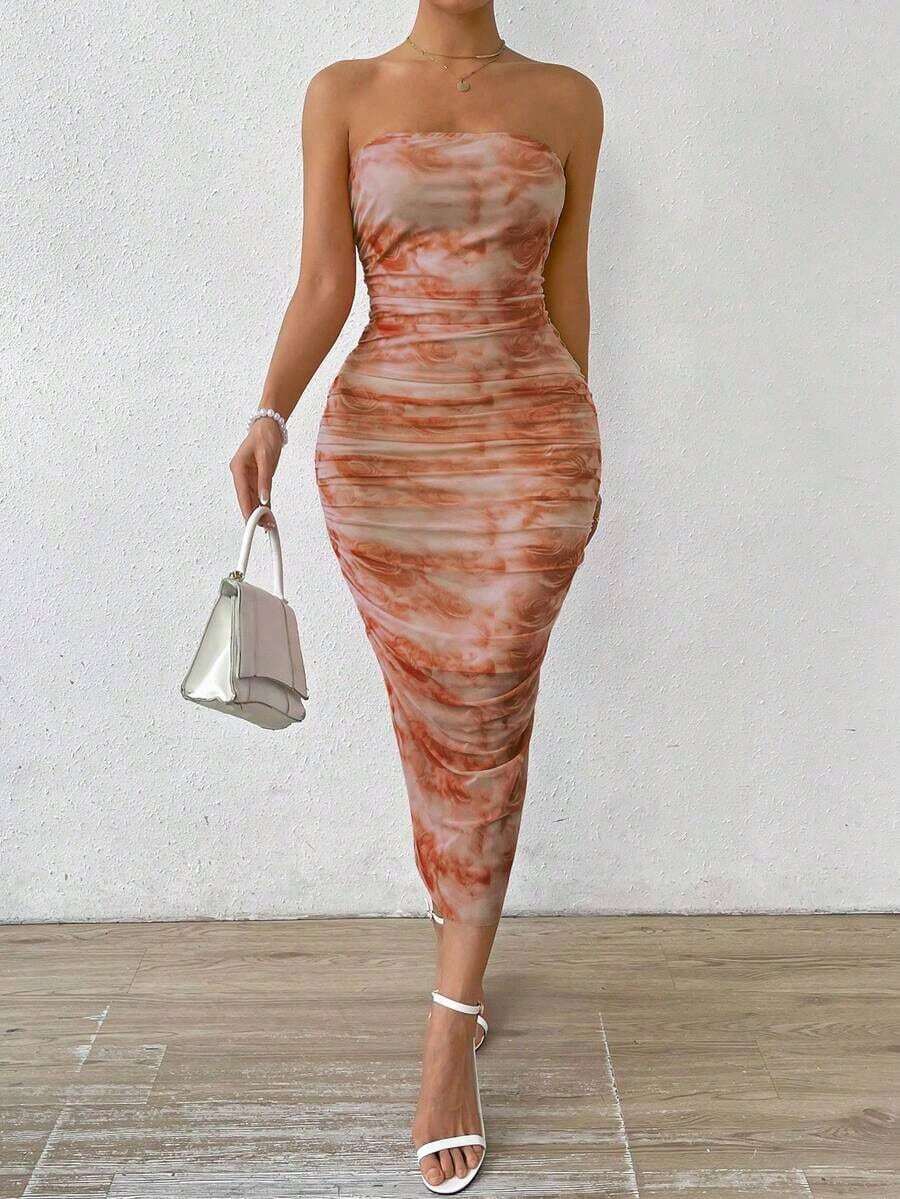 Vestido maxi con diseño de volantes y estampado floral para mujer - Cafetería - Ver 1