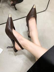 Sepatu hak tinggi model stiletto runcing bergaya Prancis model terbaru tahun 2025, warna hitam menawan, sandal hak tinggi wanita. - Coklat - View 6