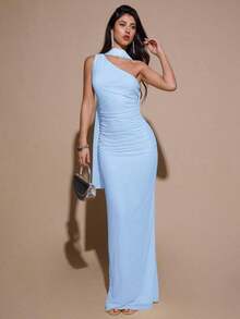 Vestido de malla ajustado con drapeado asimétrico, elegante y sexy vestido de gala para fiesta, boda, cumpleaños, Navidad, Halloween - Amarillo claro - Celeste - Ver 5