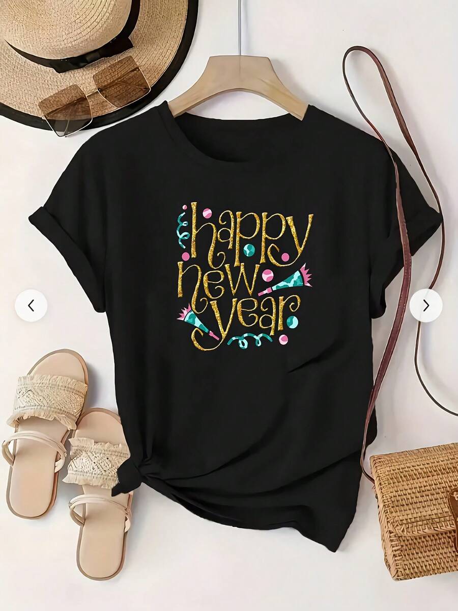 Talla grande, camiseta de talla grande para mujer con estampado de Feliz Año Nuevo - Blusa casual de verano de manga corta y cuello redondo con atuendo de Nochevieja, ropa casual cómoda de primavera y verano, prenda superior lavable a máquina para atuendo de celebración durante todo el año 9079-P0 - Negro - Ver 1